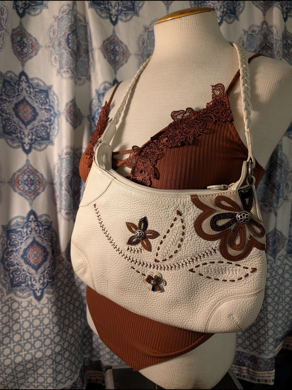 artisan floral + embroidered white Brighton shoulder bag |  braided strap |